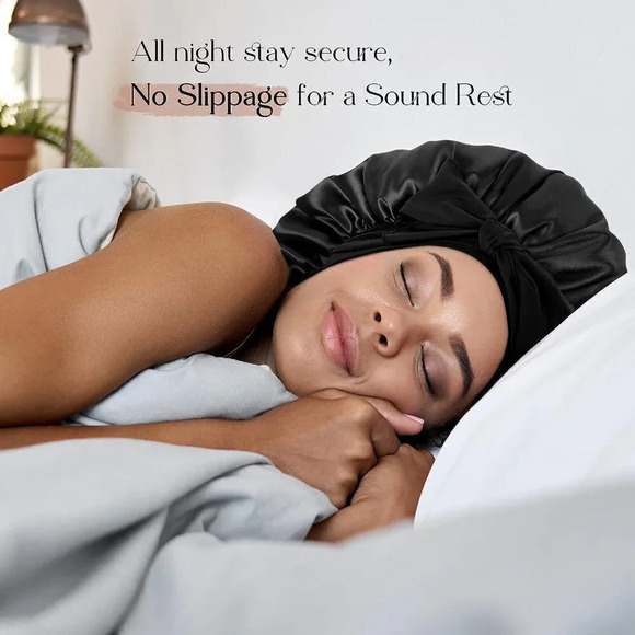Yanibest Satin Bonnet Silk For Sleeping  Hair Bonnet With Tie Band Head- Black - Picture 2 of 6